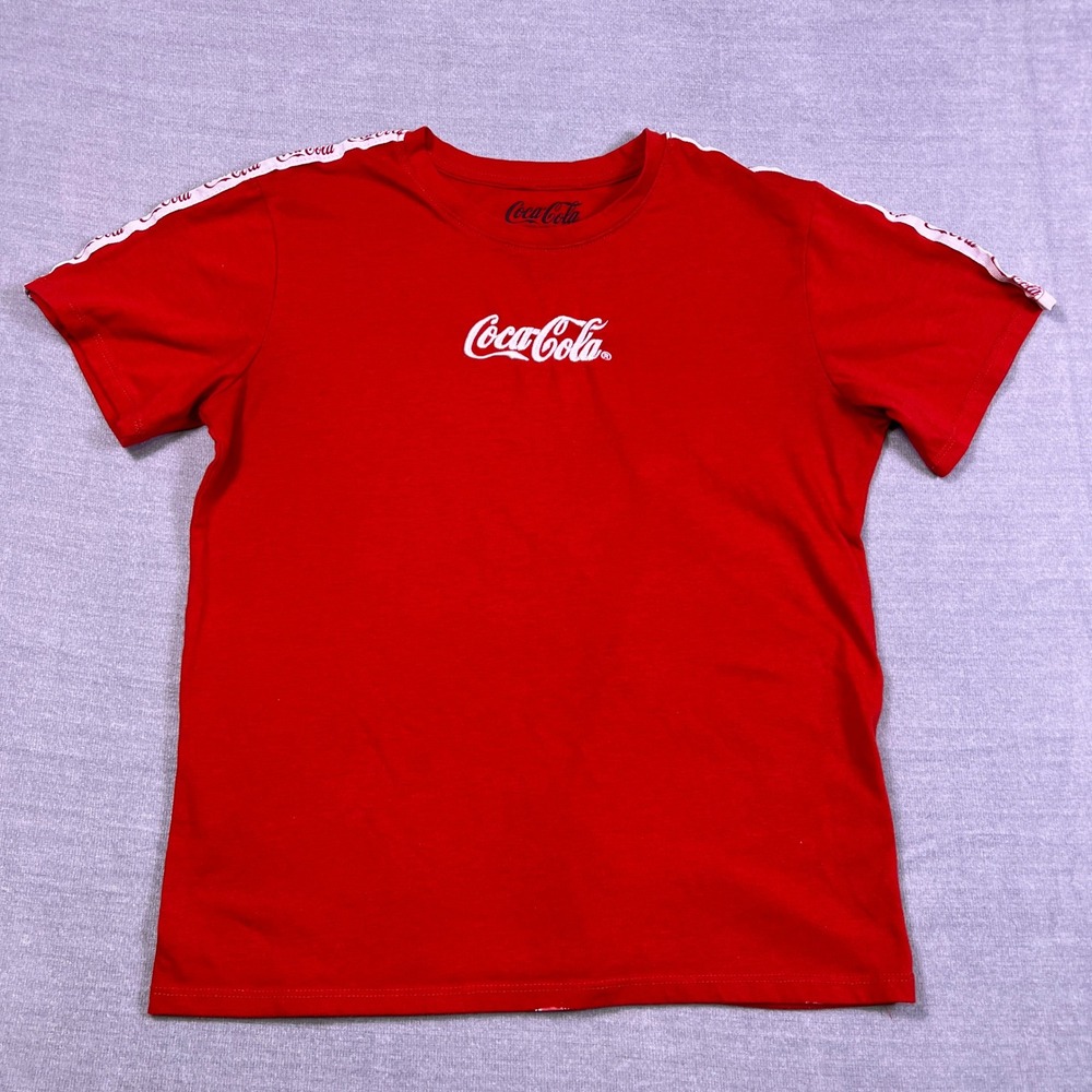 Coca-Cola Logo Taped Sleeve Crew Neck Graphic Shirt Women Small Red Cotton Blend